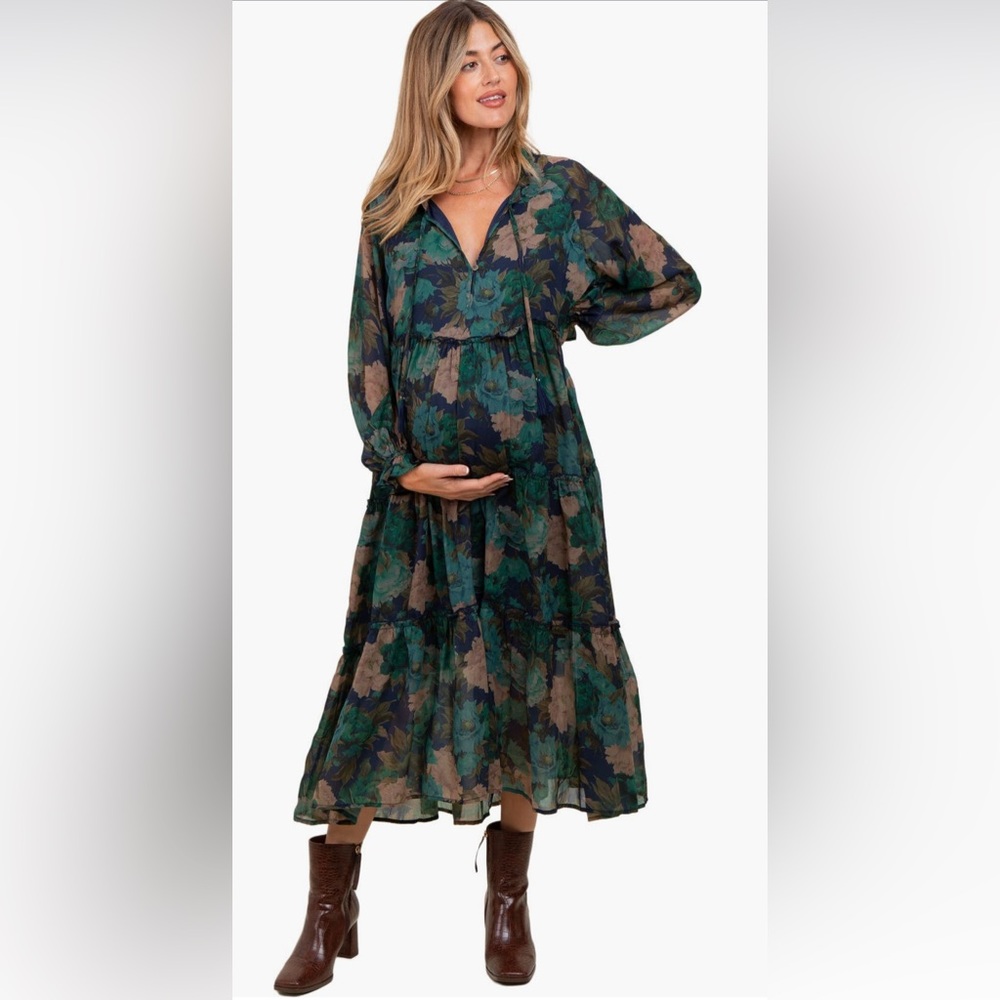 NWT PinkBlush Maternity Floral Chiffon Ruffle Tiered Midi Dress